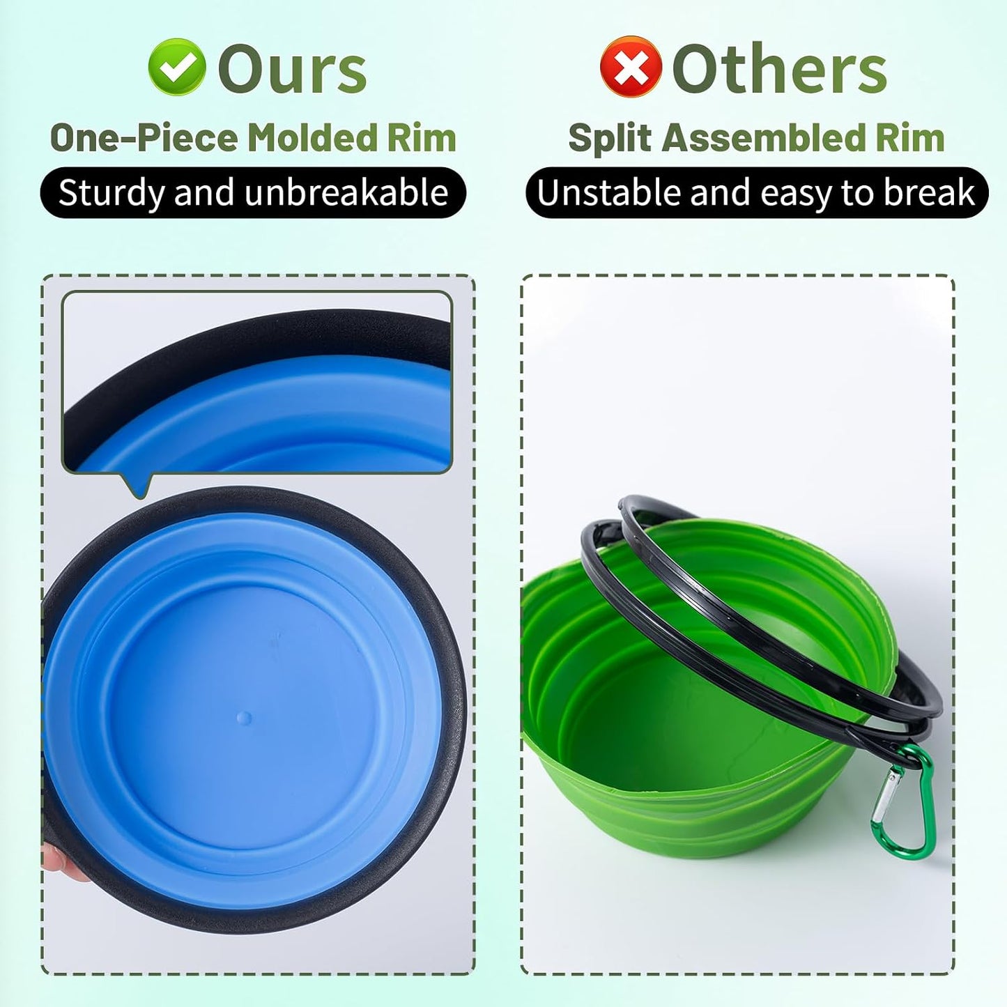 Dog Bowls Collapsible Pet Travel Feeder, 2Pack Integrated Molded Reinforced Rim Cat Water Dish Lightweight Foldable Food Dispenser for Pets Walking Parking Camping,Green and Blue,Small