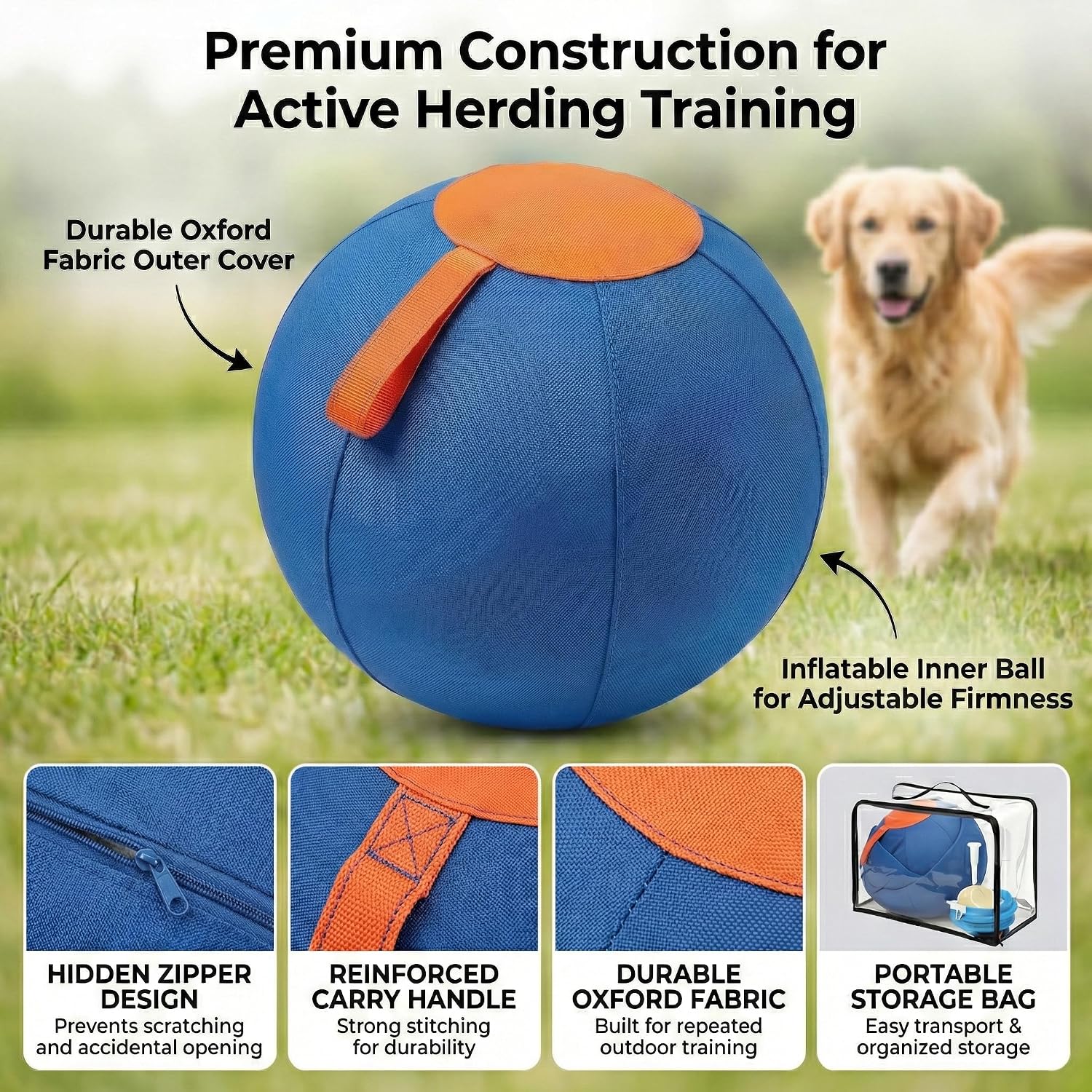 Portable 22-Inch Herding Ball for Dogs Australian Shepherds, Dog Herding Ball Outdoor Training Set for Working Animals with Durable Oxford Fabric Cover, Air Pump, Storage Bag & Gift Box Included